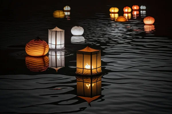 Paper lanterns float on dark water.