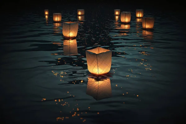 Paper lanterns float on dark water.