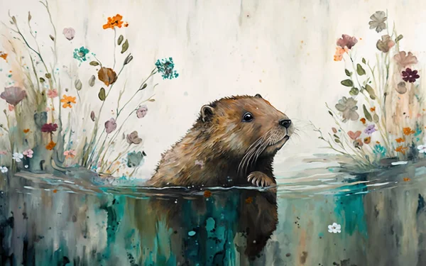 an adorable baby beaver floating in the water Painting