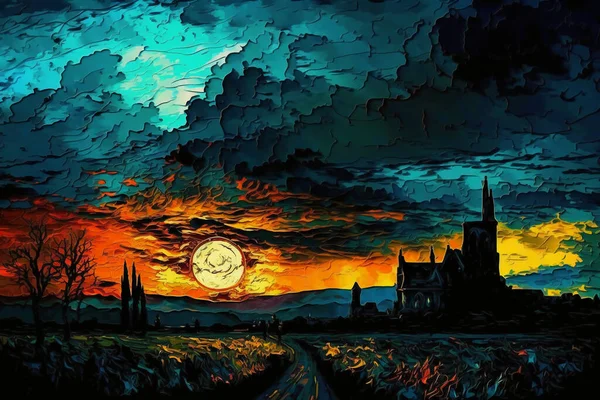 dark sunset landscape painting