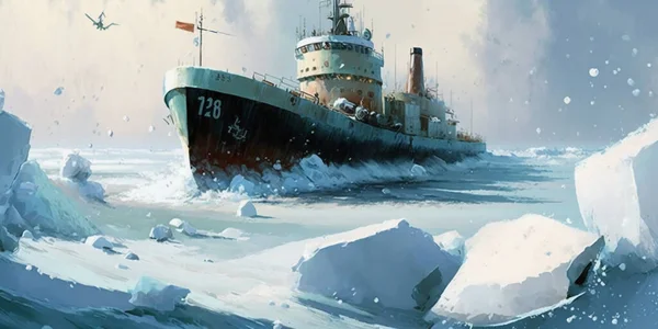 A glacial ravine with an ice breaker ship