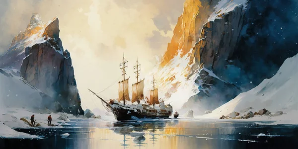 A glacial ravine with an ice breaker ship
