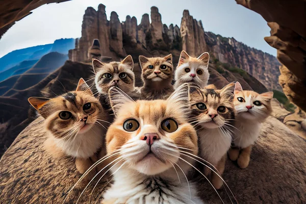 Highly defined macrophotography selfie of a group of cats huddled together taking a group selfie on top of Zhangjiajie mountains