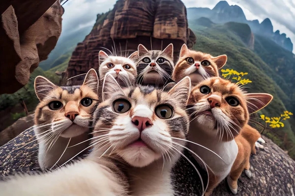 Highly defined macrophotography selfie of a group of cats huddled together taking a group selfie on top of Zhangjiajie mountains