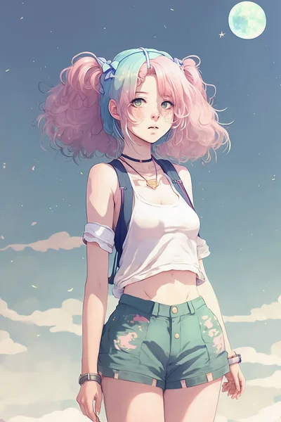 Cute 90s anime girl wearing blue crop top and shorts with pastel pink hair, pastel pink moon background