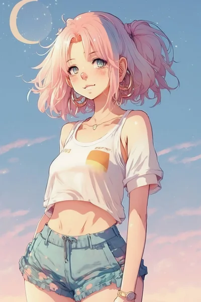 Cute 90s anime girl wearing blue crop top and shorts with pastel pink hair, pastel pink moon background