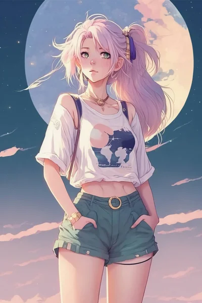 Cute 90s anime girl wearing blue crop top and shorts with pastel pink hair, pastel pink moon background