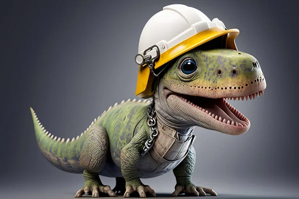cute baby dinosaur, female engineer happy, with a white helmet