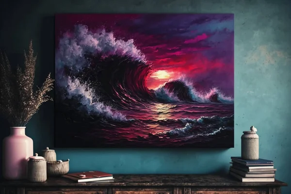 Impressionism, mpressionismm, dark red purple sunset over the stormy glacial island ocean shore, huge waves, the ocean playing