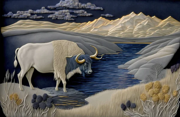 plains landscape, white bison, materials: silk, indigo velvet, gold and silver thread