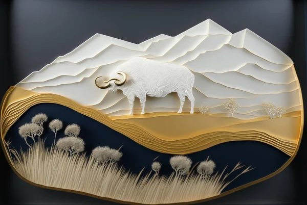 plains landscape, white bison, materials: silk, indigo velvet, gold and silver thread