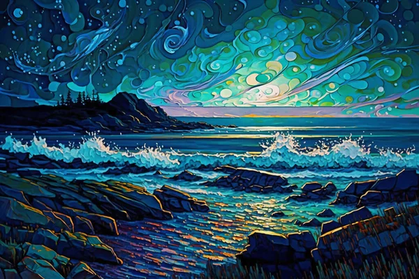 starry night over sea shore plains
