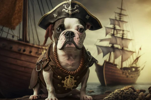 Dog dressed like a pirate, pirate ship background