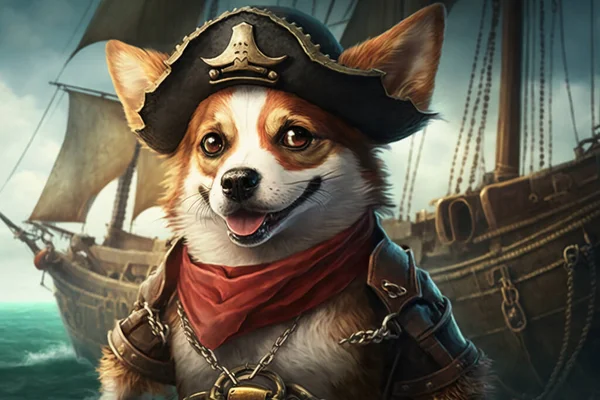 Dog dressed like a pirate, pirate ship background