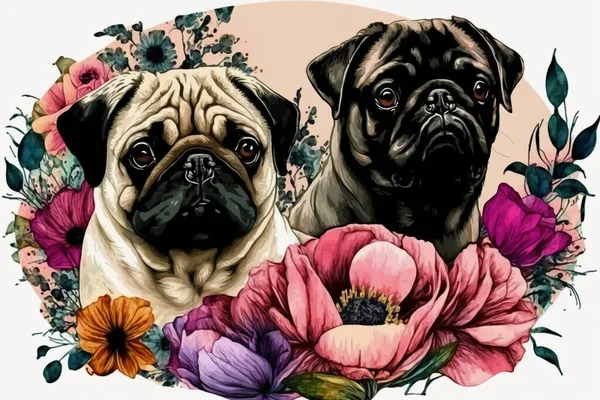 Pugs and flowers ink