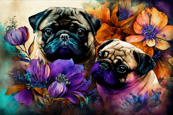 Pugs and flowers ink