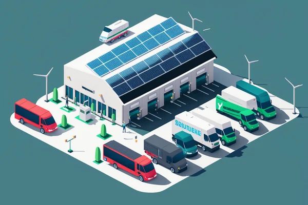 Company electric cars fleet charging on charger station at logistic hall centre. Transport delivery semi truck unloading. Renewable solar wind electricity energy factory Retail shipping