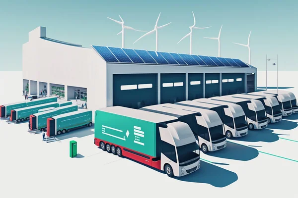 Company electric cars fleet charging on charger station at logistic hall centre. Transport delivery semi truck unloading. Renewable solar wind electricity energy factory Retail shipping