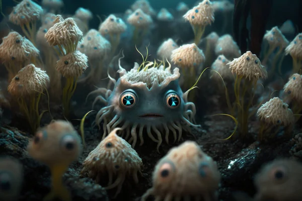 Invasion of hundreds tiny pygmy alien cthulhu mushroom swamp creatures, realism, concept art
