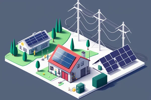 battery energy storage with house photovoltaic solar panels plant, wind and rechargeable li-ion electricity backup. Electric car charging on renewable smart power island off-grid system.