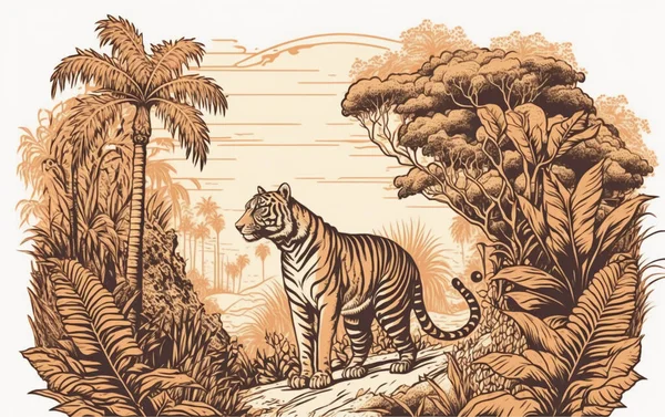 Wild tiger and exotic plants. Tropical trees. Eastern landscape. Exotic nature. Linear Jungle. Hand drawn sketch in vintage style.