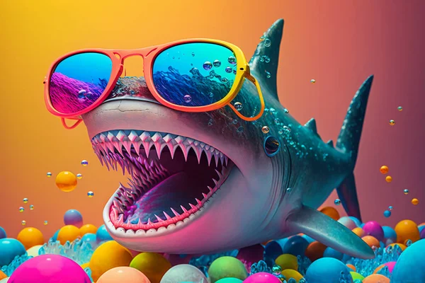 colorful toy shark attacking underwater wearing colorful sunglasses, photorealism