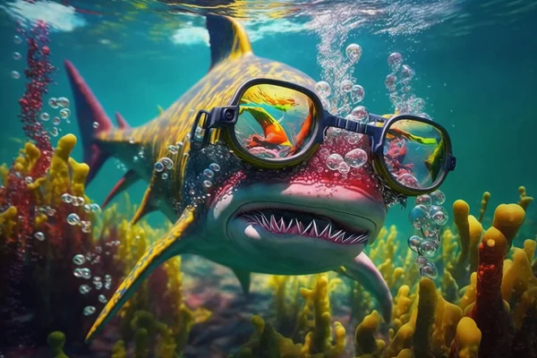 colorful toy shark attacking underwater wearing colorful sunglasses, photorealism