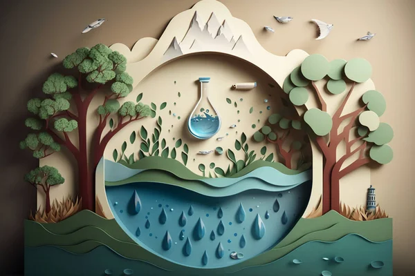 Paper art , Ecology and world water day , Saving water and world Environment day, environmental protection and save earth water