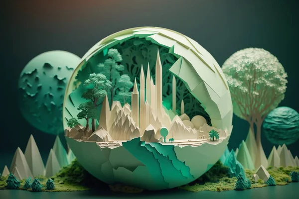paper art , Green planet Earth of sphere futuristic , Crystal Earth planet green forest city
