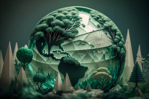 paper art , Green planet Earth of sphere futuristic , Crystal Earth planet green forest city