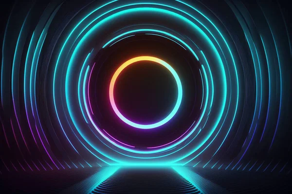 Glowing neon ring light in tunnel