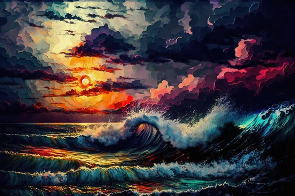 Mpressionism dark cloudy sunset over the stormy ocean shore, huge waves, the ocean playing jazz in coatl colors