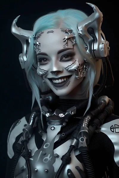 Photorealistic smiling skeleton foxgirl cyborg with jagged robot limbs
