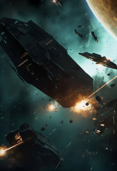 starships fighting an epic battle in space with lasers and missiles exploding in to hulls and dot matrix designed shields, floating wreckage, starfighters flying in the middle