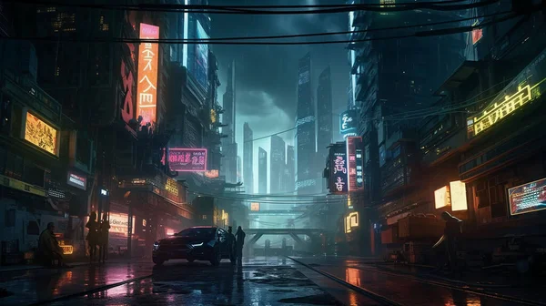 Cyberpunk Inspired City Neon Lights Futuristic Skyscrapers Stock Photo