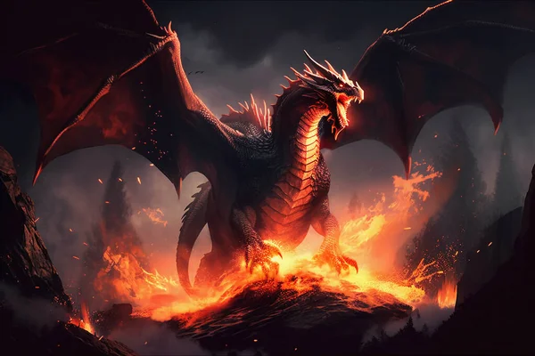 Fire breathes explode from a giant dragon in a black night