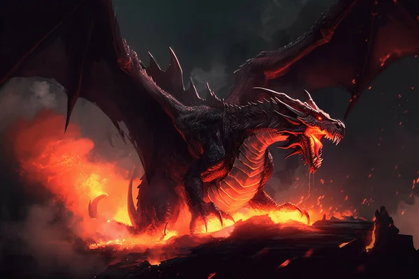Fire breathes explode from a giant dragon in a black night