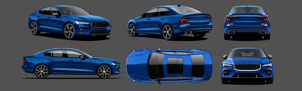 Realisztikus Vector Car Sedan Elszigetelt Kék Szín Perspektíva Átlátszó Gradiensekkel — Stock Vector