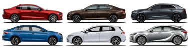 Vektör Gerçekçi Araba Koleksiyonu kırmızı, mavi, kahverengi, sedan, siyah ve gri SUV ve Beyaz Hatchback 'i içerir.