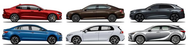 Vector Realistic Car Collection includes Red, blue, brown, sedan and black and gray SUVs and White Hatchback all this cars in side view with gradients and white background