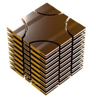 Gold Futuristic patterned object of multiple overlapping plates Abstract, dramatic, passionate, luxurious and exclusive isolated 3D rendering of graphic design elemental background material. High quality 3d illustration