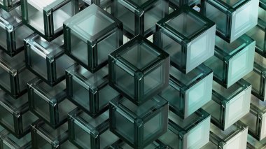 Green, grid-aligned set of glass-textured cubes abstract, dramatic, passionate, luxurious and exclusive 3D rendering of graphic design elemental background material. High quality 3d illustration