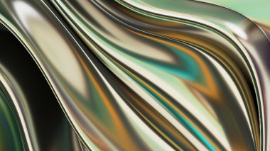 Green and gold corrugated metal flow like liquid flow Abstract, dramatic, modern, luxurious and exclusive 3D rendering graphic design element background material. High quality 3d illustration