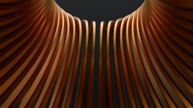 An abstract, dramatic, modern high -quality 3D Rendering graphic design element material looking up at a gold and black torus -shaped metal ring High quality 3d illustration.