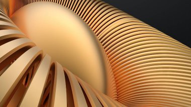 Gold and black metal donuts and central spherical abstract, dramatic, modern high -quality 3D Rendering graphic design elements High quality 3d illustration.