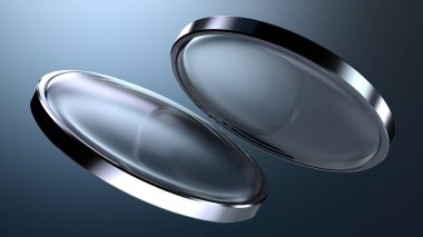 şeffaf mavi, metal çerçeveli lensler birbirlerine bakıyor soyut, zarif ve atmosferik arkaplan materyali yüksek kaliteli 3D resim.