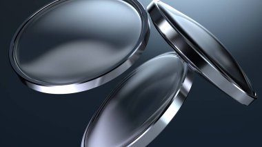 Metal çerçeveli şeffaf mavi buzlu lensler soyut ve atmosferik zarif modern arka plan materyali yüksek kalite 3D görüntü.