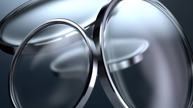 Metal çerçeveli, zarif ve atmosferik arkaplan materyalli saydam mavi parlak sol lens. Yüksek kalite 3d illüstrasyon