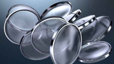 şeffaf mavi merceklerin birçok metal çerçeve ile düzenlenmiş soyut narin ve atmosferik arkaplan materyali yüksek kaliteli 3D resim.