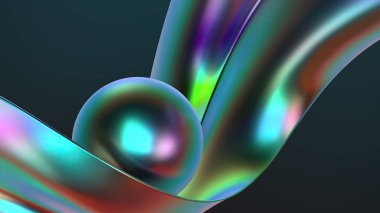Metal küre içeren gökkuşağı krom yumuşak plaka psikedelik siber punk modern 3D işlemeli arka plan materyali yüksek kaliteli 3D illüstrasyon.